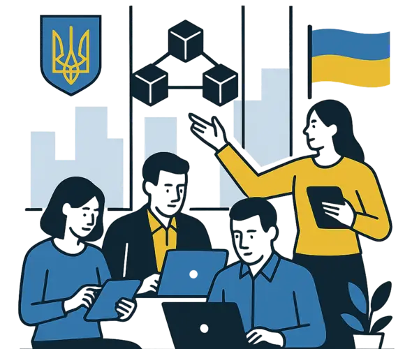 Українська блокчейн-спільнота: група професіоналів з ноутбуками та планшетами на тлі сучасного офісу з елементами української символіки, блакитно-жовті акценти, сучасний мінімалістичний стиль