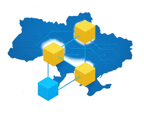Концептуальна ілюстрація блокчейн-технологій в Україні: абстрактні блоки з'єднані лініями на тлі карти України, блакитно-жовта колірна гама, футуристичний дизайн